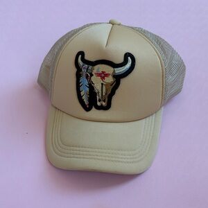 Beige Trucker Hat with Bull Skull Patch